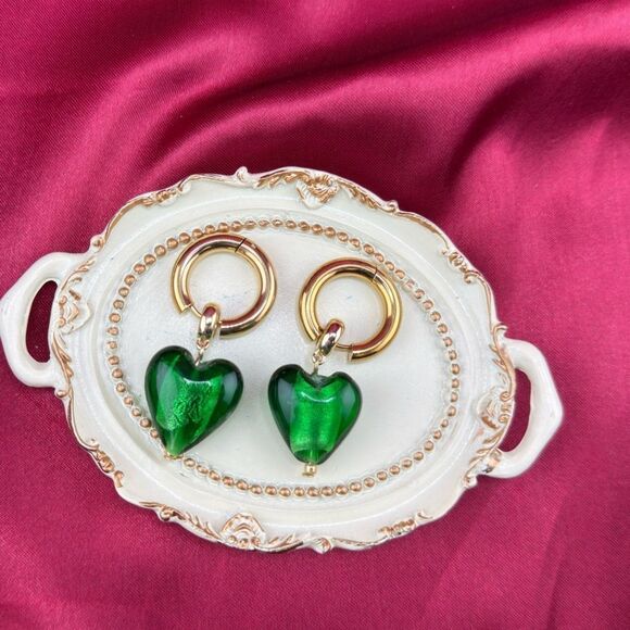 Anthropologie Jewelry - Emerald Green Glass Heart Earrings – Elegant & Timeless 💚